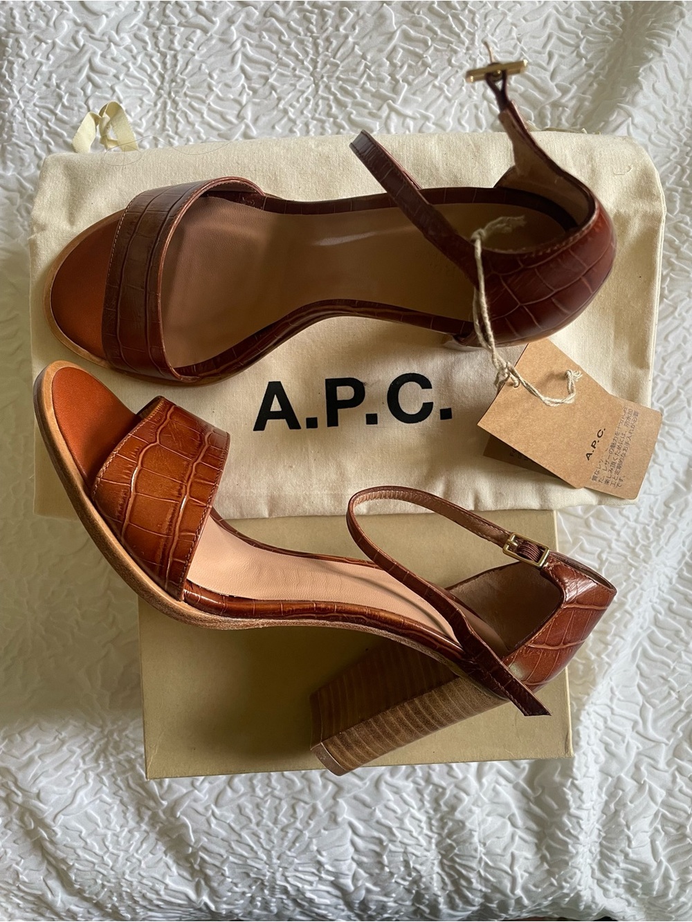 *NWT* A.P.C. Women's Brown Croc-Embossed Block Heel Sandals